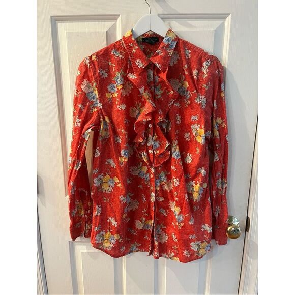 Lauren Jeans Co. Red Mixed Floral Ruffle Front Button Down Shirt sz L EUC - Picture 1 of 7